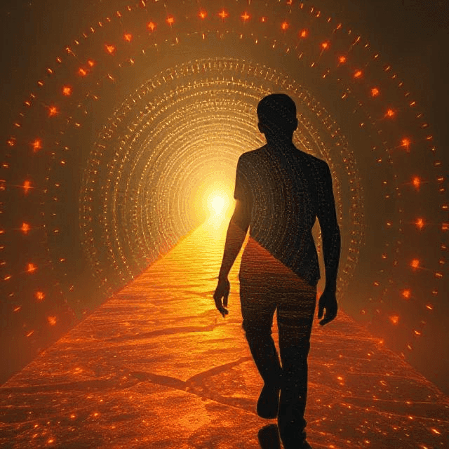 Silhouette of a person walking towards a glowing tunnel with a radiant orange background.