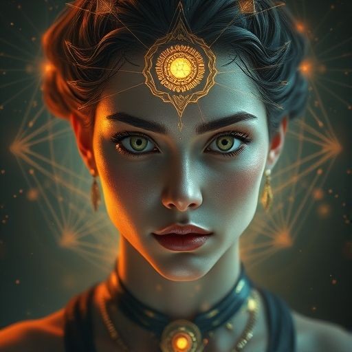 A person with ornate jewelry and glowing geometric patterns in the background.