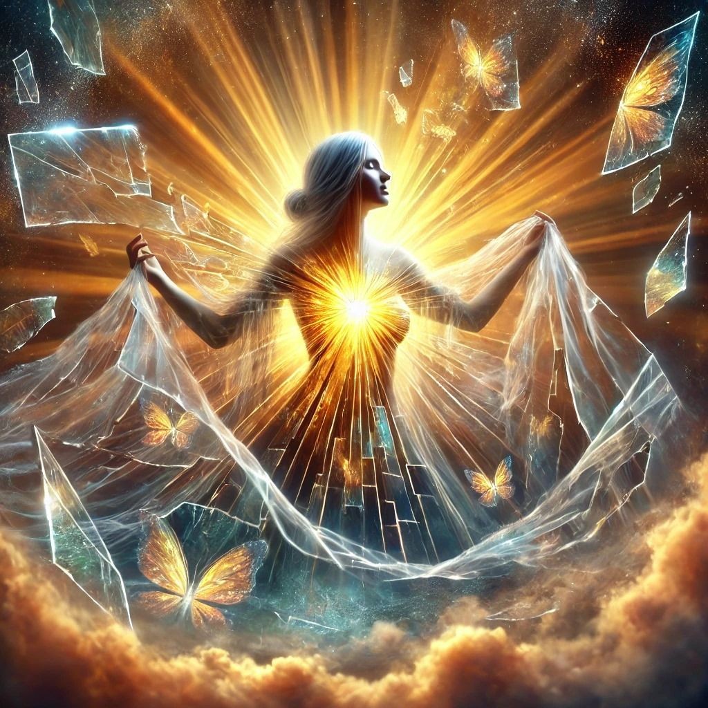 Ethereal figure with glowing heart surrounded by swirling fabric and butterflies in cosmic setting.
