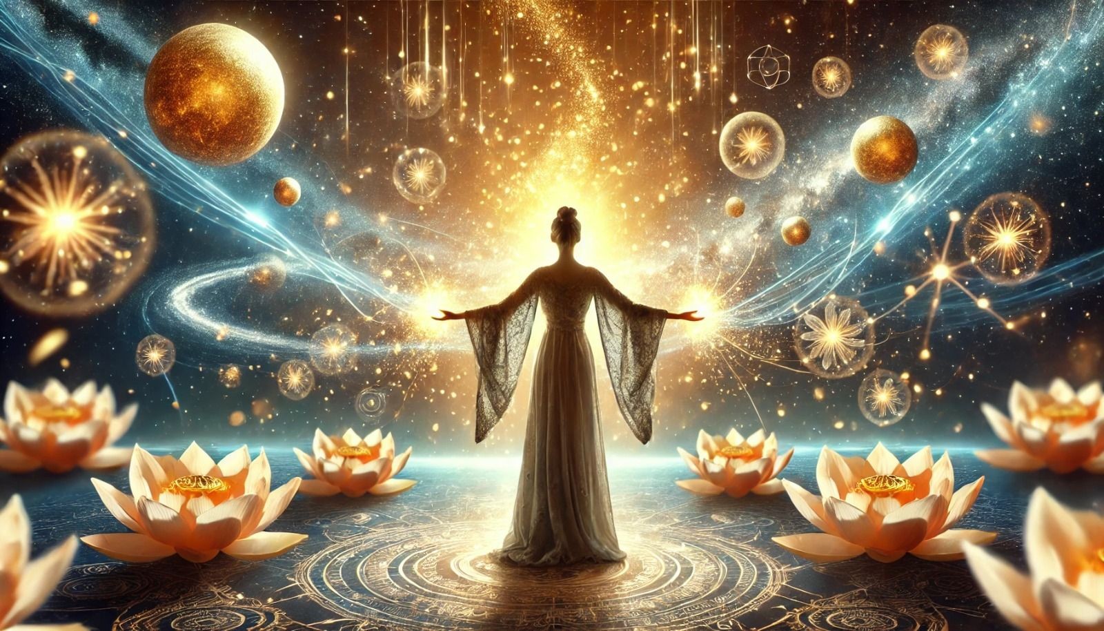 Silhouette of a person standing with arms outstretched among glowing cosmic elements and lotus flowers.