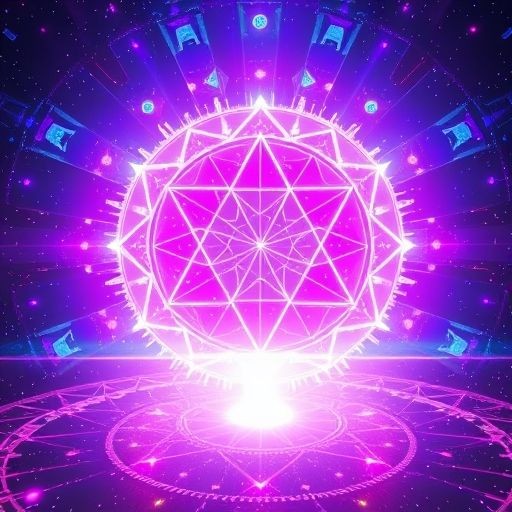 Glowing geometric purple sphere with intricate patterns, set against a cosmic background.