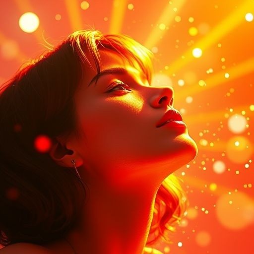 Silhouette of a woman against a vibrant orange background with glowing light effects.