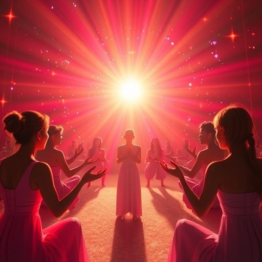 Group of women in pink dresses meditating under a vibrant red light, creating a mystical atmosphere.