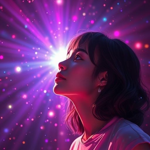Silhouette of a woman looking up against a vibrant background of pink and purple lights.