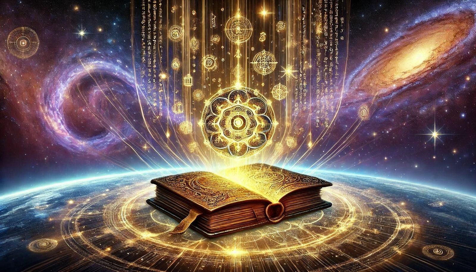 Open enchanted book on a glowing surface, with golden symbols rising into a cosmic galaxy background.