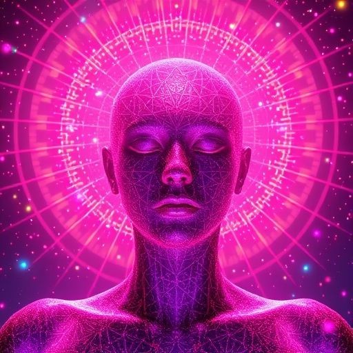 Digital artwork of a futuristic humanoid with closed eyes, glowing pink aura and geometric patterns.
