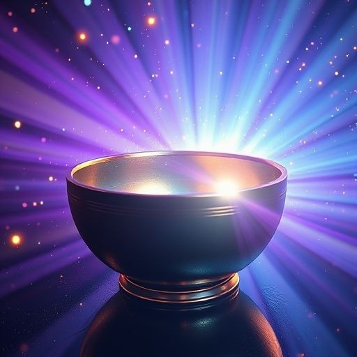 Metallic bowl emitting radiant colorful light beams against a dark background.