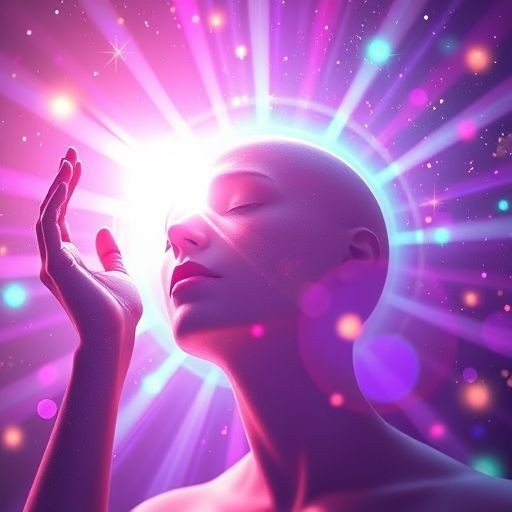 Person with closed eyes surrounded by radiant pink and purple light beams and glowing orbs in space.