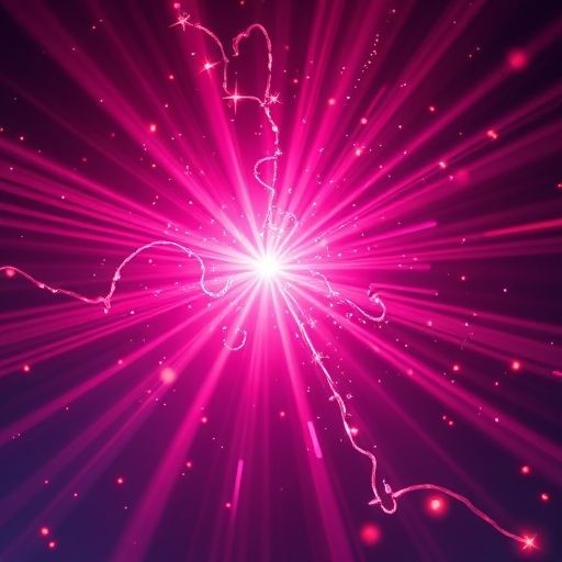 Abstract pink light explosion with radiant beams and swirling lines on a dark background.