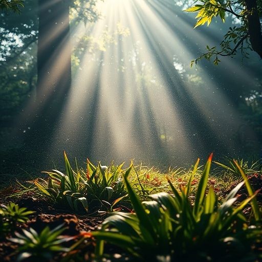 Sunbeams filtering through tall trees, illuminating lush green plants on a forest floor.