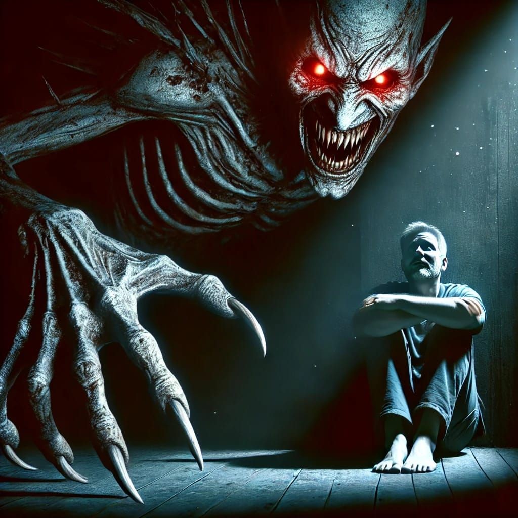 Terrifying creature with glowing red eyes looming over a frightened person sitting in a dark corner.