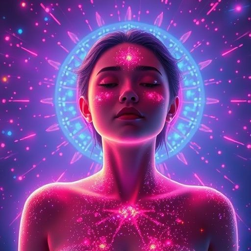 Woman with closed eyes surrounded by glowing pink and purple cosmic aura, symbolizing peace and energy.