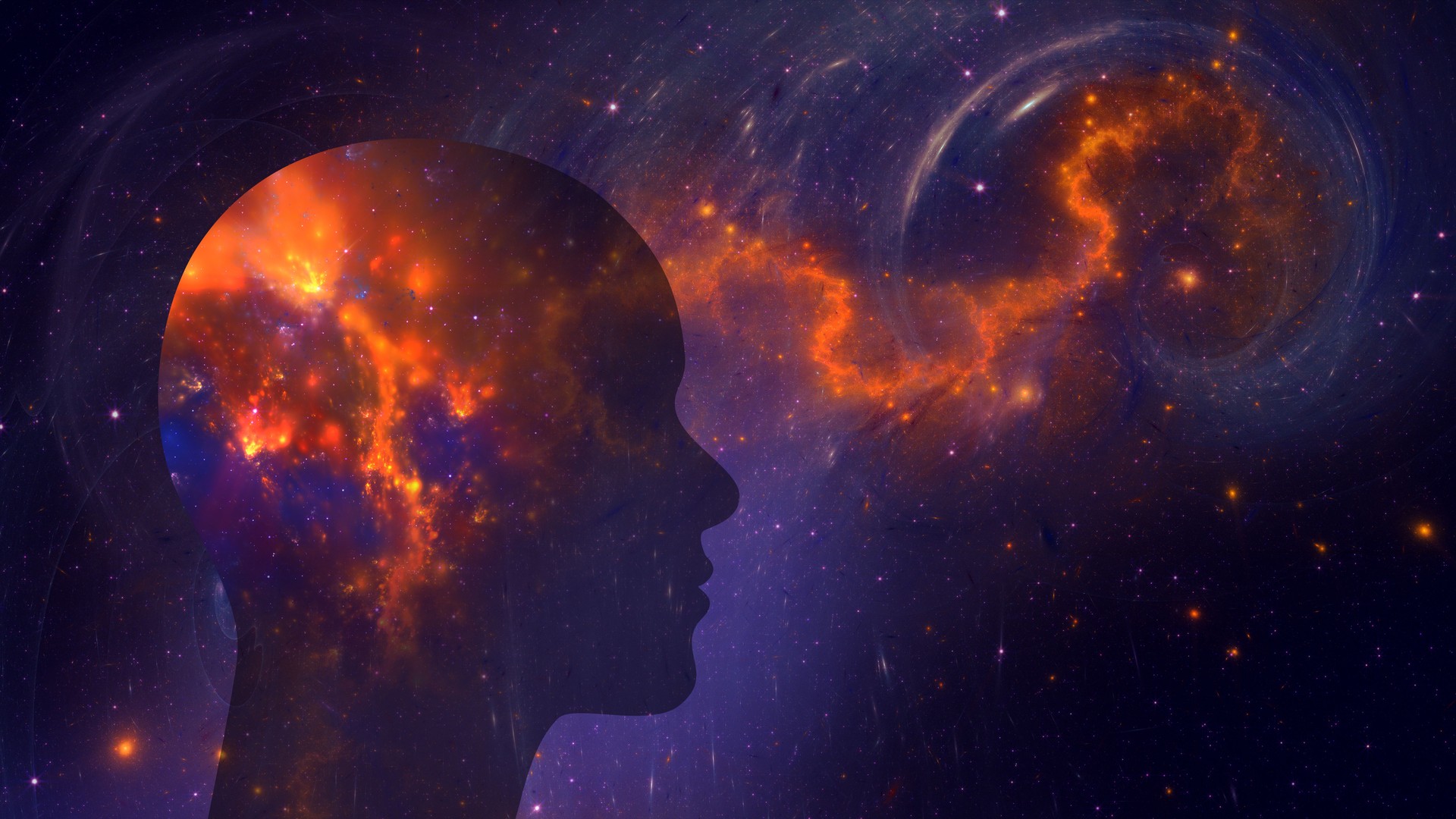 Human brain in sync with the universe. Fractal art background with copy space.