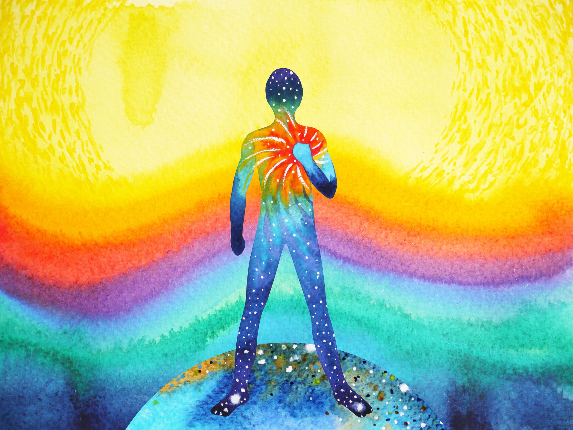 human and universe power, watercolor painting, chakra reiki, inspiration abstract thought, world, universe inside your mind